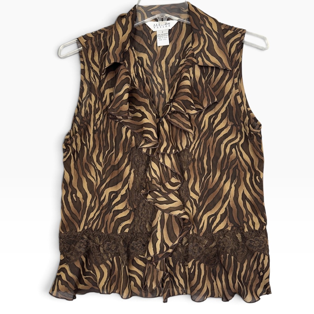 Allison Taylor Blouse Womens Small Brown Zebra Print Ruffle Lace Sleeveless Top